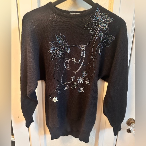 Vintage 80s/90s Bubbles International Black Sequin Beaded Floral Sweater, M - Picture 1 of 4